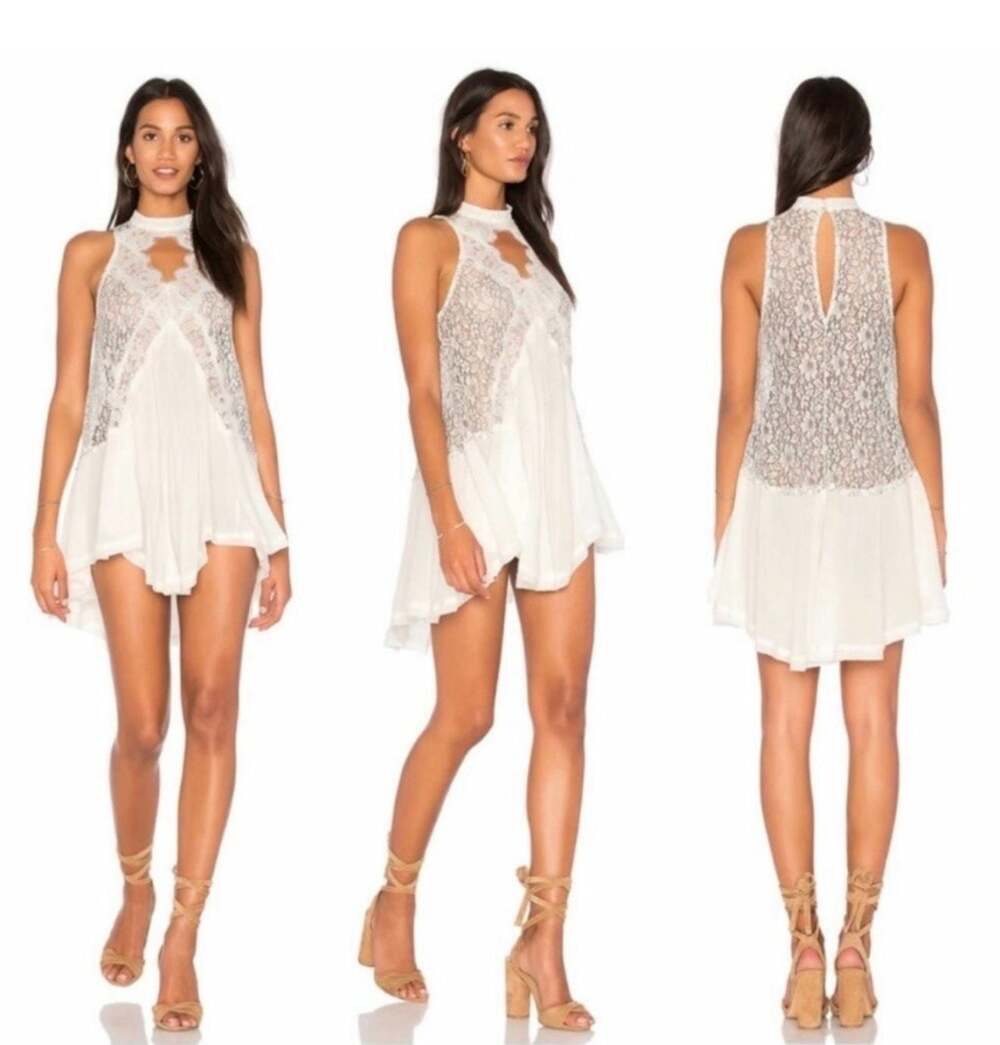 Free People High Neck Lace Mini Dress White Black Size M